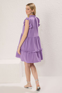 Lila Duz Rahat Kesim Volanl? / F?rf?rl? Mini Dokuma Elbise TWOSS25EL00427