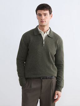 Polo Yaka Yar?m Fermuarl? Erkek Triko Kazak