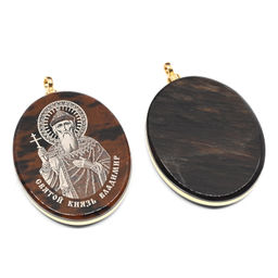 Кулон из обсидиана с окантовкой Святой Князь Владимир 20*30мм