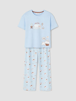Bisiklet Yaka Bask?l? Kad?n Pijama Tak?m?