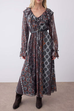 Cok Renkli Boho Bask?l? F?rf?r Detayl? Skater/Belden Ac?lan Midi Esnek Orme Elbise TWOAW26EL00250