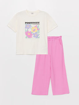 Bisiklet Yaka Bask?l? K?sa Kollu K?z ?ocuk Ti??rt ve Pantolon