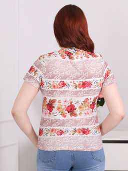 Футболка женская с розами в полоску бежево-розовая - Almond фото 4