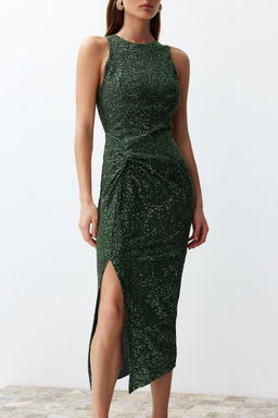 TRENDYOLMILLA Alt?n Vucuda Oturan Orme Par?lt?l? Pullu Orme Payet S?k Uzun Abiye Elbise TPRSS24EL00030  фото 34