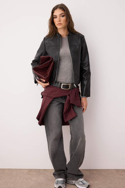Siyah Fitted Kal?p Suni Deri Biker Ince Ceket Mont TWOAW26MO00085 - Trendyolmilla фото 2