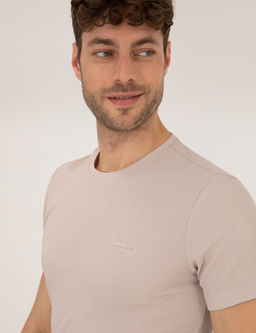 Bej Slim Fit Dokulu Bisiklet Yaka Ti__rt