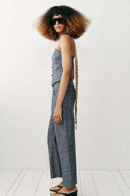 TOP CORTO ALAMARES CON LINO / Gris