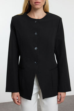TRENDYOLMILLA Siyah Yuvarlak / Bisiklet Yakal? Fitted Bele Oturan Dokuma Blazer Ceket TWOAW25BC00009  фото 8