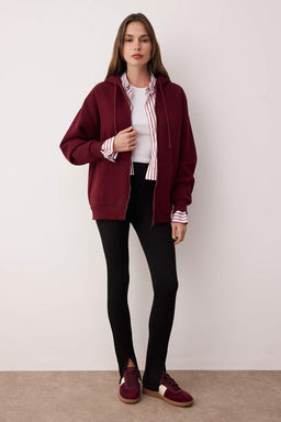 Bordo Oversize/Rahat Kesim Fermuarl? Kal?n Ici Polarl? Orme Sweatshirt TWOAW24SW00188