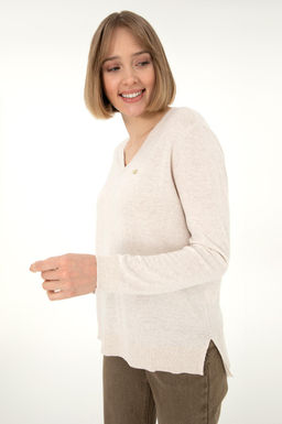 Женский кремовый меланжевый базовый свитер с v-образным вырезом Неожиданная скидка в корзине