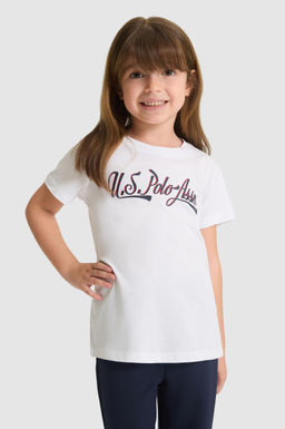K_z _ocuk Beyaz Fit Bisiklet Yaka Basic Ti__rt