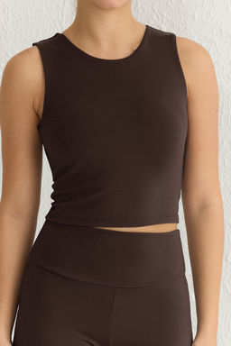 Kahverengi F?rcal? Soft Kumas 2 Katl? Ici Pedli Spor Sutyenli Orme Ust/Bluz THMSS25BZ00001