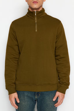 Yesil Regular/Normal Kesim Dik Yaka Fermuarl? Pamuklu Basic Ici Polarl? Sweatshirt TMNAW24SW00041