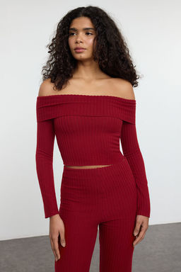 Trendyolmilla Bordo Carmen Yaka Vucuda Oturan Esnek Fitilli Orme Bluz TWOAW25BZ00313  фото 7