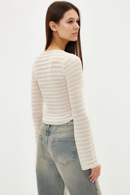 Ekru Premium Dokulu Fitted/Vucuda Oturan Baglama Detayl? Esnek Orme Bluz TWOSS24BZ00015