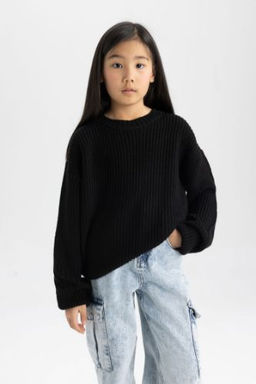 K?z Cocuk Siyah Standart Fit Bisiklet Yaka Basic Duz Triko Kazak