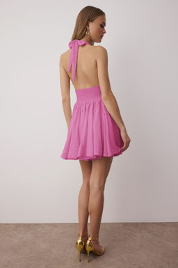 Mavi Belden Ac?lan/Skater Dusme Detayl? Sifon K?sa/Mini Elbise TPRSS25EL00319 - Trendyolmilla фото 16