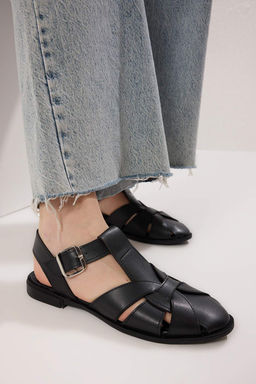 Trendyolmilla Shoes Siyah Duz Taban Yuvarlak Burun Kad?n Sandalet TAKSS25SD00060  фото 2