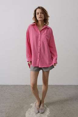 Pembe Cizgili Cep Detayl? Oversize Dokuma Gomlek TWOAW26GO00073 - Trendyolmilla фото 8