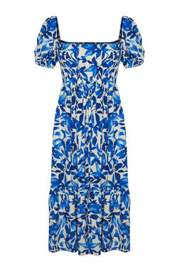 Mavi Cicekli Skater Gipe Yaka Detayl? Shally Midi Dokuma Elbise TWOSS24EL00952 - Trendyolmilla фото 7