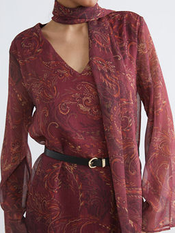 ?al Yaka Desenli ?spanyol Kollu Kemerli Elbise