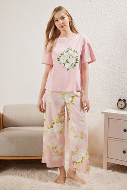 Trendyolmilla Pembe %100 Pamuklu Cicekli Orme Pijama Tak?m? THMSS25PT00061