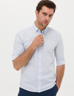 A__k Mavi Keten Kar___ml_ Slim Fit Uzun Kollu G_mlek