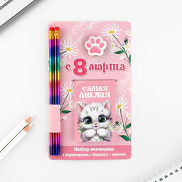 Цена за 2 шт. Подарочный набор: блокнот, карандаши (2 шт.) и значок «8 марта: Самая милая»