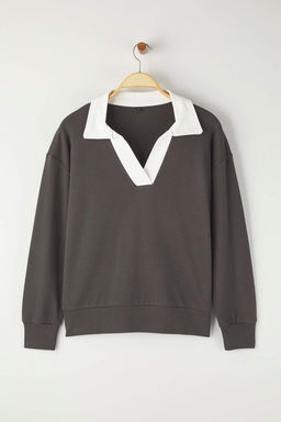 Ekru Renk Bloklu Polo Yaka Relaxed/Rahat Kal?p Orme Sweatshirt TWOAW26SW00043 - Trendyolmilla фото 12