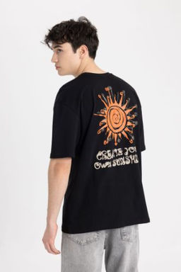 Oversize Genis Kal?p Bisiklet Yaka S?rt Bask?l? K?sa Kollu Tisort