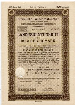 Облигация 4,5% 1000 рейхсмарок 1937 года Германия