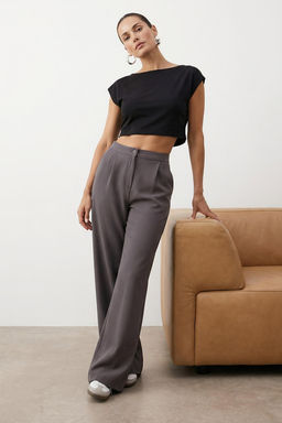 Antrasit Wide Leg/Genis Paca Dokuma Kumas Pantolon TWOAW22PL0139