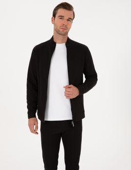 Siyah Regular Fit Pamuk Kar___ml_ Tam Fermuarl_ Sweatshirt