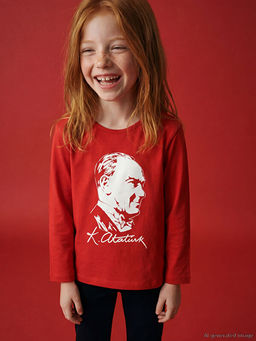 Bisiklet Yaka Atat?rk Bask?l? K?z ?ocuk Ti??rt