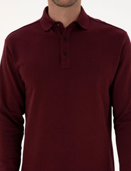 Bordo Regular Fit %100 Pamuk 3 _plik Polo Yaka Sweatshirt