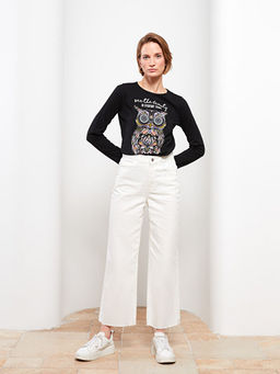 Bisiklet Yaka Bask?l? Uzun Kollu Kad?n Ti??rt