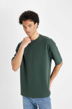 Oversize Genis Kal?p Bisiklet Yaka K?sa Kollu Basic Duz Ag?r Kumas Tisort