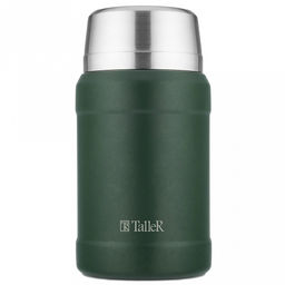 Термос из нержавеющей стали с широкой горловиной 0,75л "Walter", горло д6,8см, для еды, полировка матовая, складная ложка, крышка-кружка, в термо-сумке, зеленый, "TalleR" (Китай)