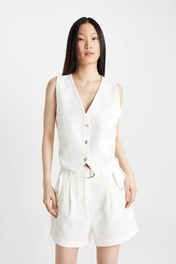 Укороченный хлопковый блейзер с V-образным вырезом - Defacto фото 4