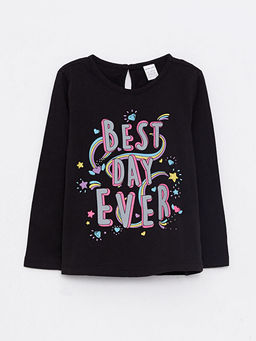 Bisiklet Yaka Uzun Kol Bask?l? Pamuklu K?z Bebek Ti??rt