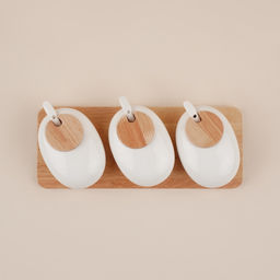 Банки для сыпучих SL Home «Тренто», 150 мл, набор 3 шт., с ложками, на деревянной подставке, фарфор, белые