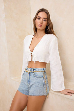 Ekru Dokuma Baglama Detayl? Crop Muslin 100% Pamuk Plaj Gomlek TBESS26GO00001