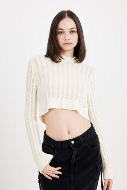 Укороченный свитер обычного кроя с круглым вырезом - Defacto фото 4