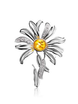Нежная серебряная брошь Ромашка с лимонным янтарём и кристаллами
