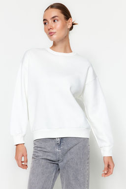 Ekru Kal?n Ici Polarl? Regular/Normal Kal?p Bisiklet Yaka Basic Orme Sweatshirt TWOAW24SW00101