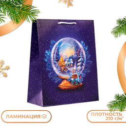 Цена за 2 шт. Пакет подарочный новогодний ламинированный Стеклянный шар, на синем, 26?32?12 см
