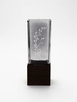 Ваза для цветов стеклянная с деревянной подставкой из темного стекла, 25 х 9 см