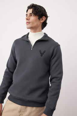 Antrasit Regular/Normal Kesim Dik Yaka Fermuarl? Pamuklu Geyik Nak?s Sweatshirt TMNAW24SW00041