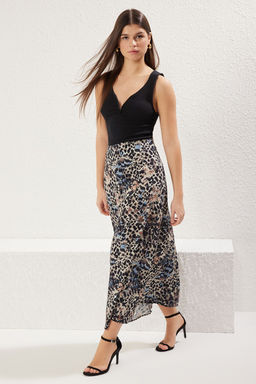 Vizon Soyut Animal Desenli Midi Uzun Boy Viskon A-Form Dokuma Etek TWOSS23ET00295