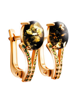 Миниатюрные позолоченные серьги с зелёным янтарём Ренессанс